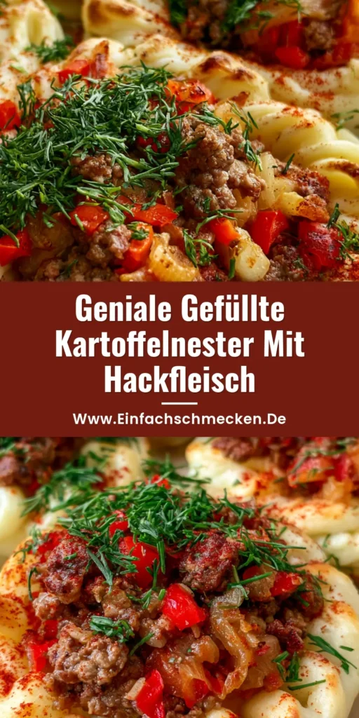 Gefüllte Kartoffelnester: Das knusprige Rezept mit herzhafter Hackfleisch-Füllung 3 Goldbraun gebackene Gefüllte Kartoffelnester aus Spritzgepäck-Kartoffelmasse mit herzhafter Hackfleisch-Paprika-Füllung und frischem Dill auf einem rustikalen Holztisch.