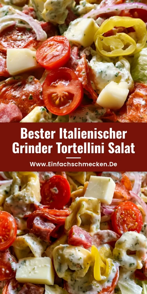 Italienischer Grinder Tortellini Salat: Das ultimative cremige Trend-Rezept 4 Ein bunter Italienischer Grinder Tortellini Salat in einer Keramikschüssel mit Salami, Käse und cremiger Sauce.