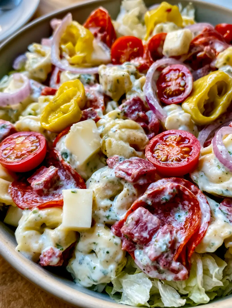 Italienischer Grinder Tortellini Salat: Das ultimative cremige Trend-Rezept 3 Nahaufnahme von Italienischer Grinder Tortellini Salat mit roten Zwiebeln, Tomaten und Peperoni-Ringen.