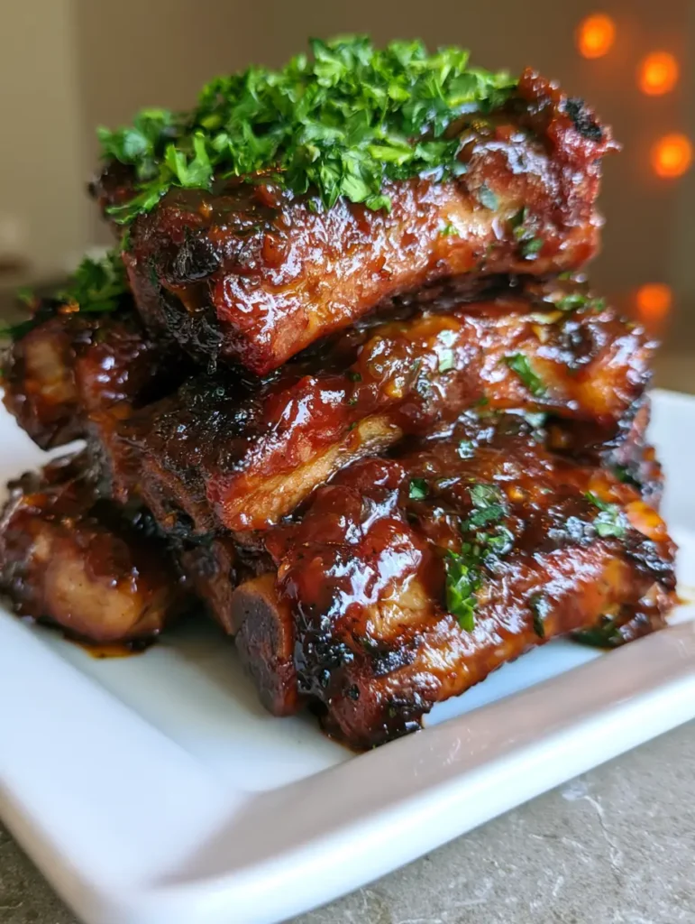 Spareribs Slow Cooker: So gelingen sie butterweich und perfekt glasert 1 Gestapelte Spareribs Slow Cooker auf weißem Teller mit charismatischen dunklen Rändern.