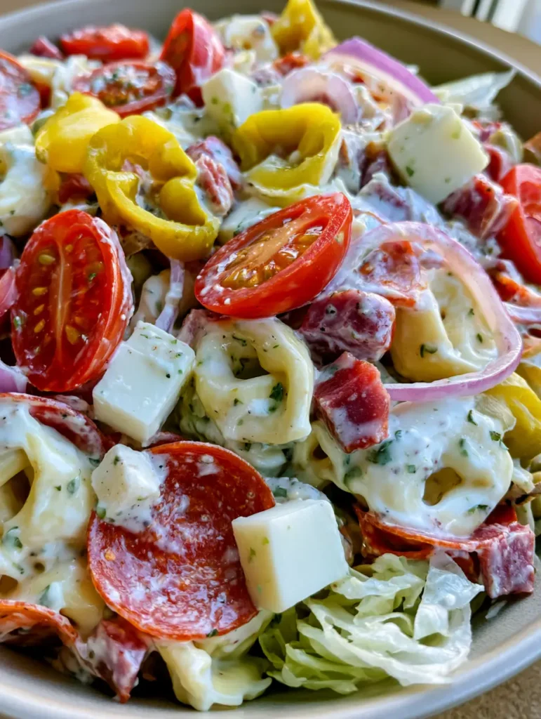 Italienischer Grinder Tortellini Salat: Das ultimative cremige Trend-Rezept 1 Draufsicht auf den fertigen Italienischen Grinder Tortellini Salat in einer Schüssel auf einem Holztisch.