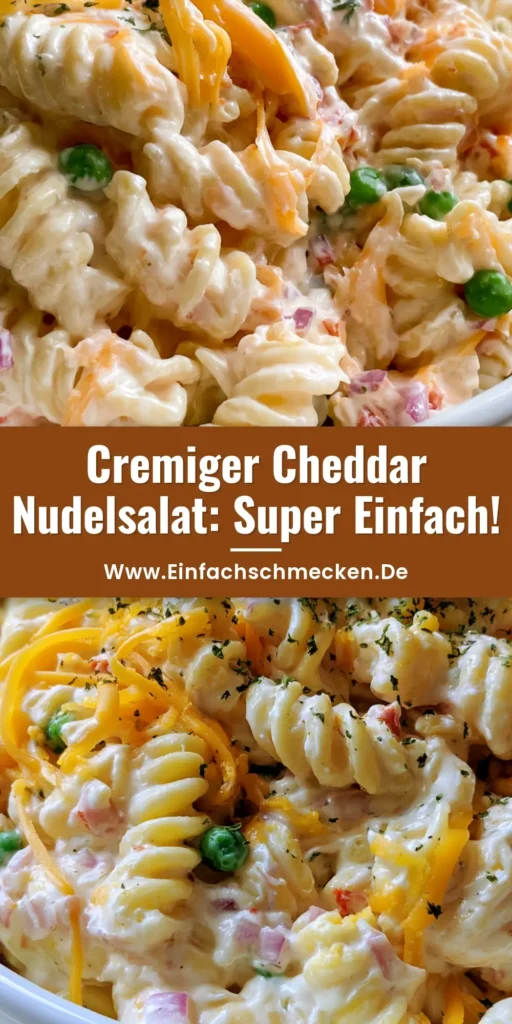 Nudelsalat mit Cheddar: Das ultimative Rezept für Deine nächste Grillparty 4 Ein cremiger Nudelsalat mit Cheddar, Erbsen und roten Zwiebeln in einer weißen Keramikschüssel.