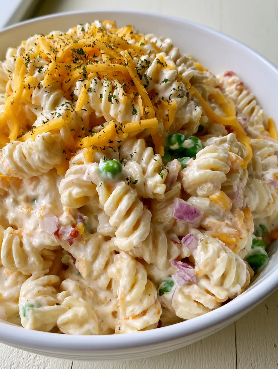 Nudelsalat mit Cheddar: Das ultimative Rezept für Deine nächste Grillparty 3 Nahaufnahme von Nudelsalat mit Cheddar, Rotini Pasta und cremiger weißer Sauce.