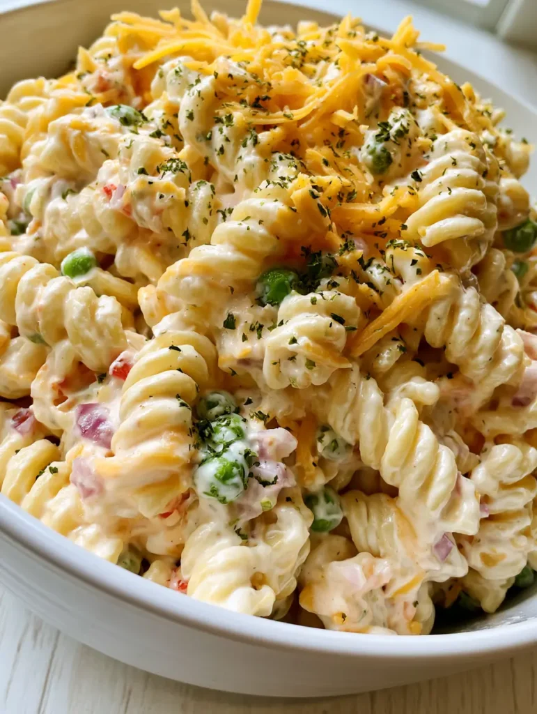 Nudelsalat mit Cheddar: Das ultimative Rezept für Deine nächste Grillparty 1 Draufsicht auf eine Schüssel Nudelsalat mit Cheddar, garniert mit getrockneter Petersilie.