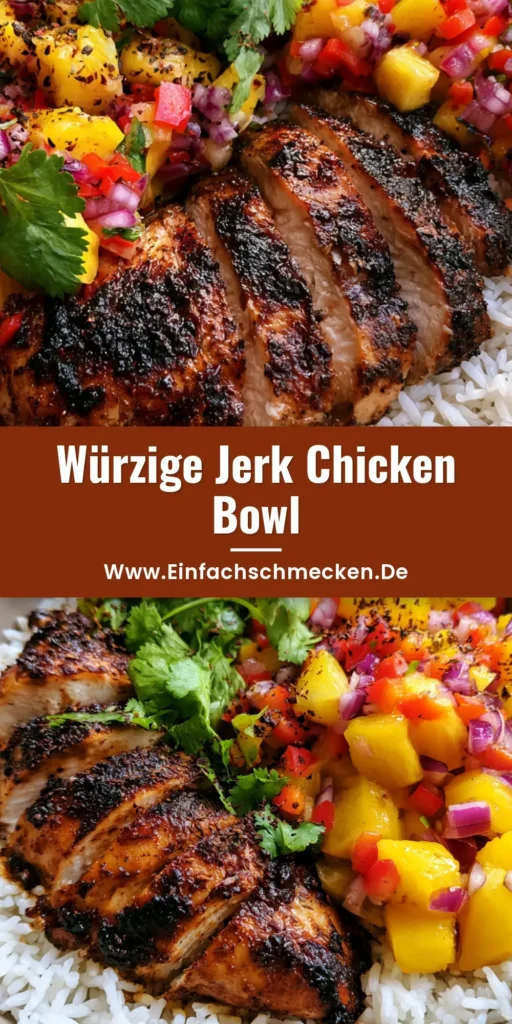 Jerk Chicken Bowl: Dein ultimativer Reiseführer für karibischen Genuss 3 Eine farbenfrohe Jerk Chicken Bowl mit gegrilltem Hähnchen, weißem Reis und frischer Ananas-Salsa in einer runden Schüssel.