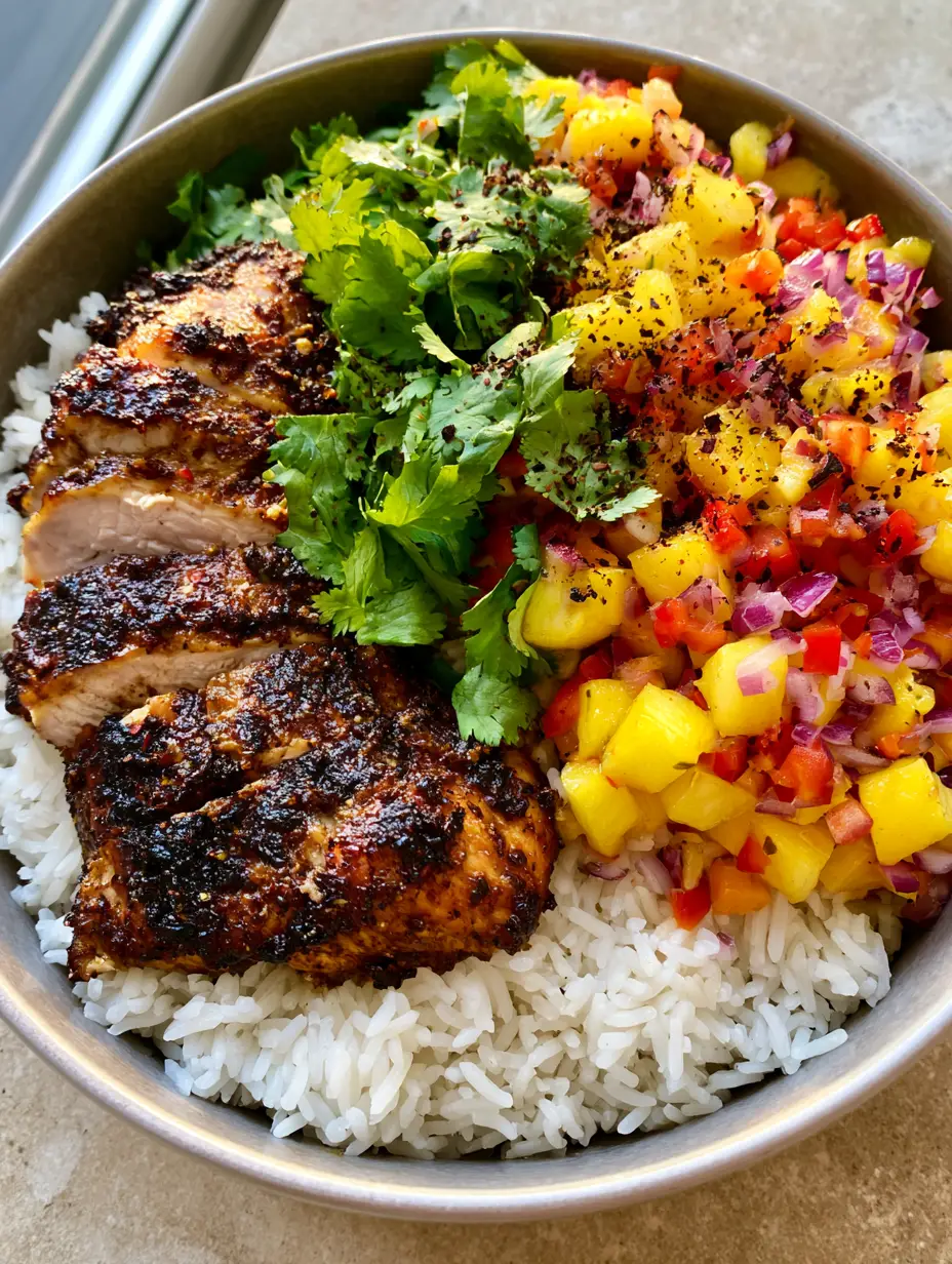 Jerk Chicken Bowl: Dein ultimativer Reiseführer für karibischen Genuss 4 Nahaufnahme einer Jerk Chicken Bowl auf hellem Steinuntergrund mit Fokus auf das dunkel gegrillte Hähnchen.
