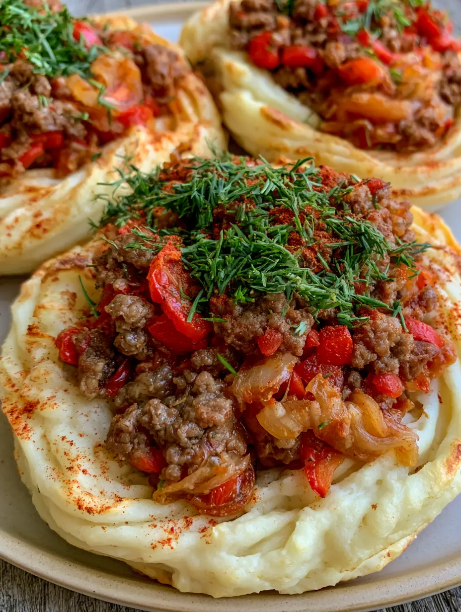 Gefüllte Kartoffelnester: Das knusprige Rezept mit herzhafter Hackfleisch-Füllung 4 Nahaufnahme von Gefüllte Kartoffelnester mit saftigem Rinderhack, roten Paprikawürfeln und einer Prise geräuchertem Paprikapulver.
