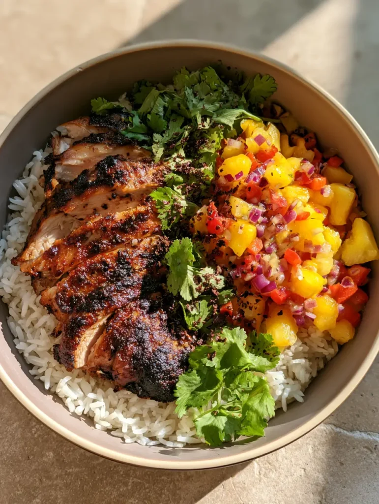 Jerk Chicken Bowl: Dein ultimativer Reiseführer für karibischen Genuss 1 Draufsicht auf eine Jerk Chicken Bowl mit leuchtender Ananas-Salsa und frischem Koriander.