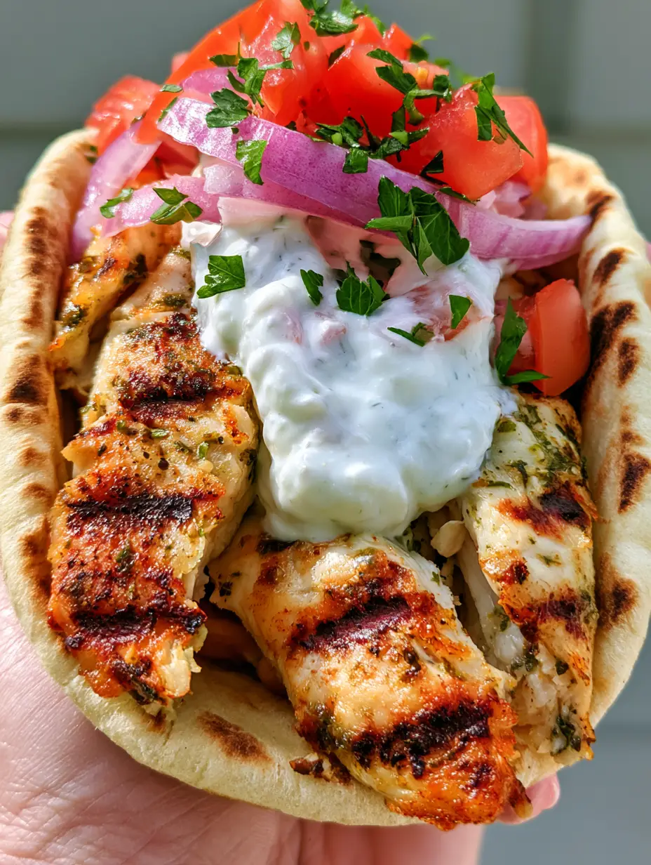 Hähnchen Gyros Rezept: Saftig, würzig und wie vom Griechen 4 Nahaufnahme eines Hähnchen Gyros Rezept in der Hand gehalten mit gegrilltem Hähnchenbrustfilet und Kräutermarinade.