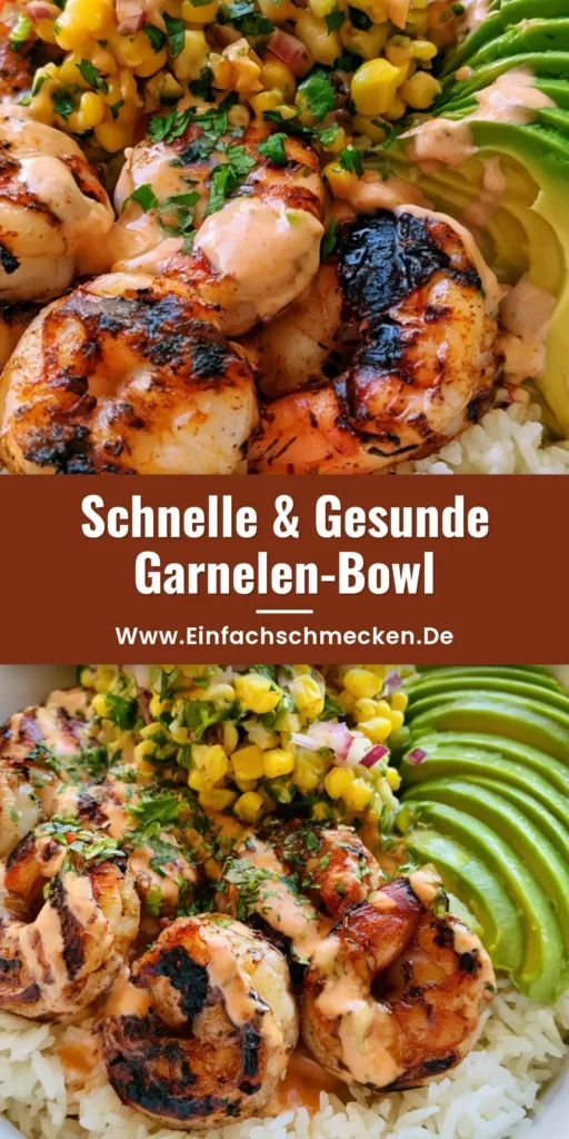 Garnelen-Bowl Rezept: Der ultimative Guide für den perfekten Feierabend-Genuss 3 Eine köstliche Garnelen-Bowl mit gegrillten Garnelen, Avocado, Mais-Salsa und weißem Reis in einer Keramikschüssel. (Garnelen-Bowl Rezept)