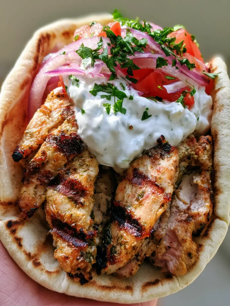 Hähnchen Gyros Rezept: Saftig, würzig und wie vom Griechen 1 Hähnchen Gyros Rezept Detailsicht auf das cremige Tzatziki und die gerösteten Pitabrote.