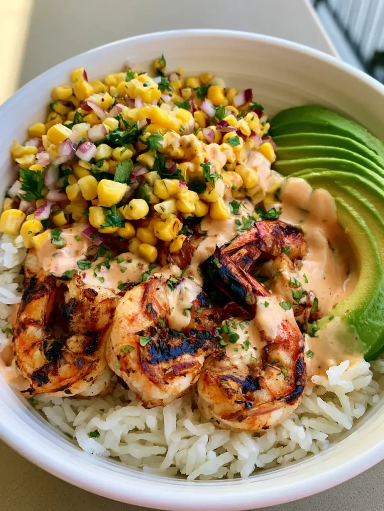 Garnelen-Bowl Rezept: Der ultimative Guide für den perfekten Feierabend-Genuss 2 Nahaufnahme einer Garnelen-Bowl mit rauchigen Grillmarkierungen auf den Garnelen und cremiger Chipotle-Sauce. (Garnelen-Bowl Rezept)