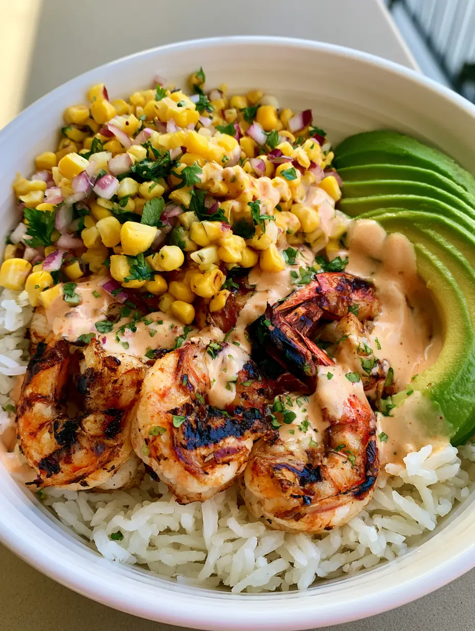 Garnelen-Bowl Rezept: Der ultimative Guide für den perfekten Feierabend-Genuss 4 Nahaufnahme einer Garnelen-Bowl mit rauchigen Grillmarkierungen auf den Garnelen und cremiger Chipotle-Sauce. (Garnelen-Bowl Rezept)