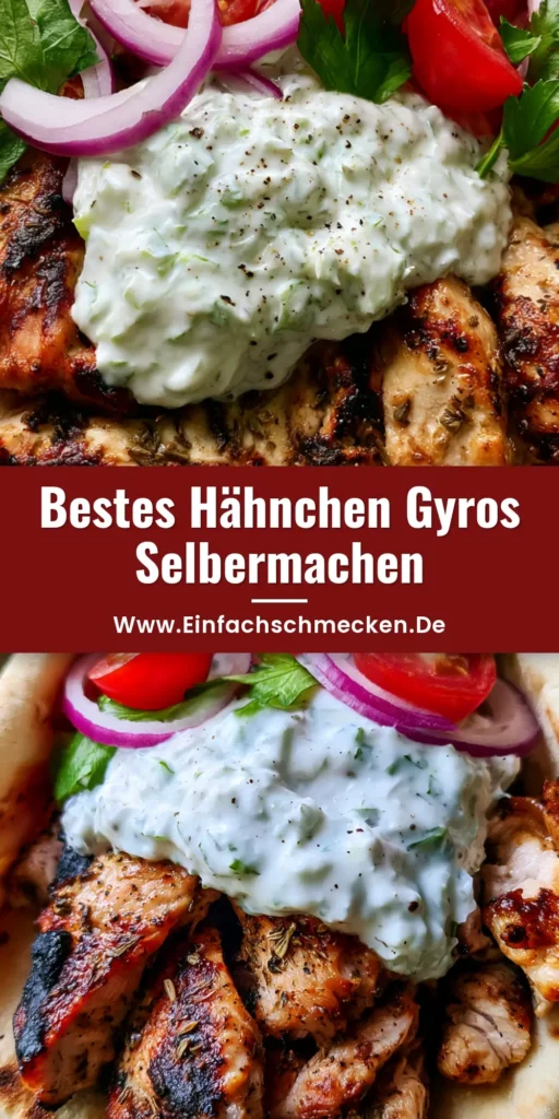 Hähnchen Gyros Rezept: Saftiges Fleisch & cremiges Tzatziki wie im Urlaub 4 Nahaufnahme von Hähnchen Gyros in weichem Pita-Brot mit Tzatziki, roten Zwiebeln und Kirschtomaten. (Hähnchen Gyros Rezept)