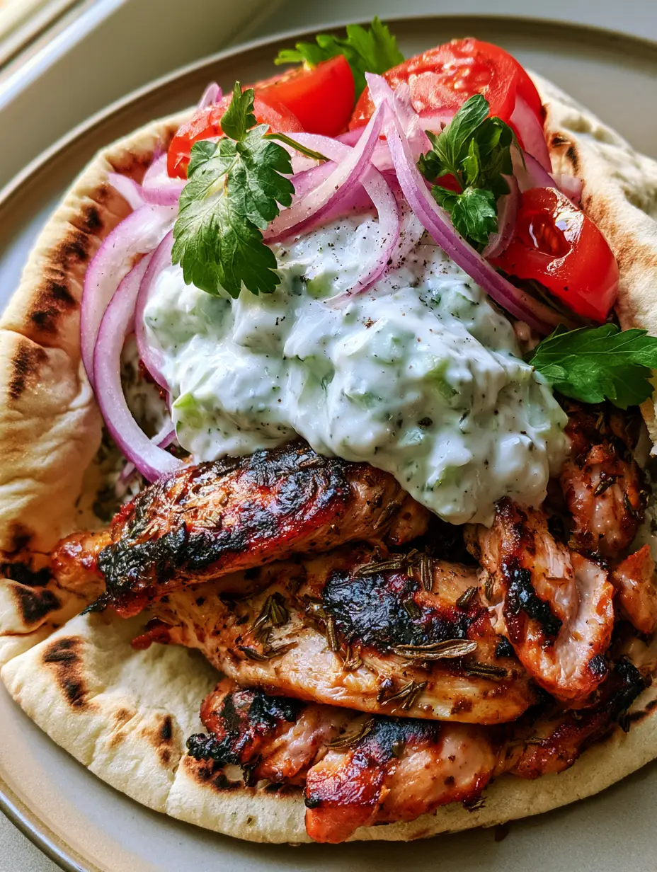 Hähnchen Gyros Rezept: Saftiges Fleisch & cremiges Tzatziki wie im Urlaub 3 Detaillierte Draufsicht auf ein griechisches Hähnchen Gyros mit gegrillten Fleischstreifen, Oregano und Tzatziki. (Hähnchen Gyros Rezept)