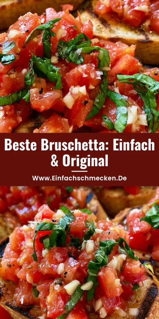 Ein Servierteller mit authentischem italienischem Bruschetta Rezept, garniert mit Basilikum und Olivenöl.