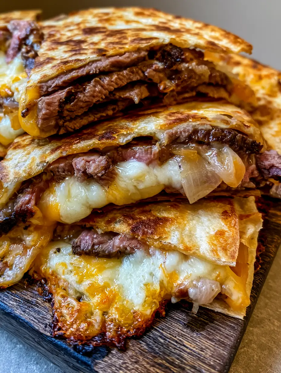 Draufsicht auf aufgeschnittene Steak Quesadillas mit sichtbarem gebratenem Rindfleisch und zerlaufenem Käse.