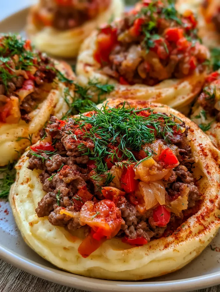 Gefüllte Kartoffelnester: Das knusprige Rezept mit herzhafter Hackfleisch-Füllung 1 Servierfertige Gefüllte Kartoffelnester auf einem neutralen Teller, garniert mit viel frischem Dill und Paprikapulver.