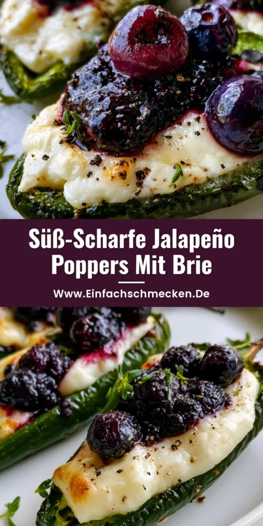 Jalapeño Poppers mit Brie: Der ultimative süß-scharfe Party-Snack 4 Nahaufnahme von Jalapeño Poppers mit Brie, getoppt mit glänzendem Blaubeer-Kompott und frischem Thymian auf einem weißen Teller.