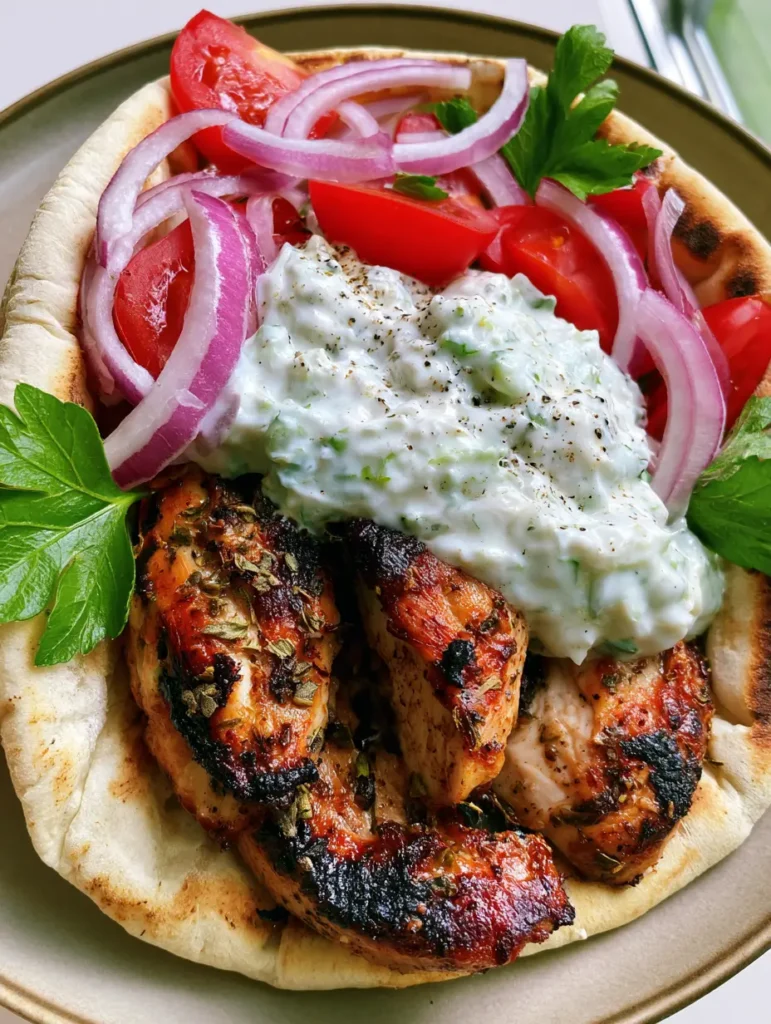 Hähnchen Gyros Rezept: Saftiges Fleisch & cremiges Tzatziki wie im Urlaub 1 Hähnchen Gyros in der Pita serviert mit viel frischer glatter Petersilie und cremiger Sauce.