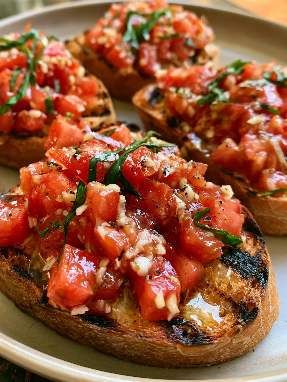 Nahaufnahme von geröstetem Baguette mit Tomatenwürfeln und Basilikum für das Bruschetta Rezept.