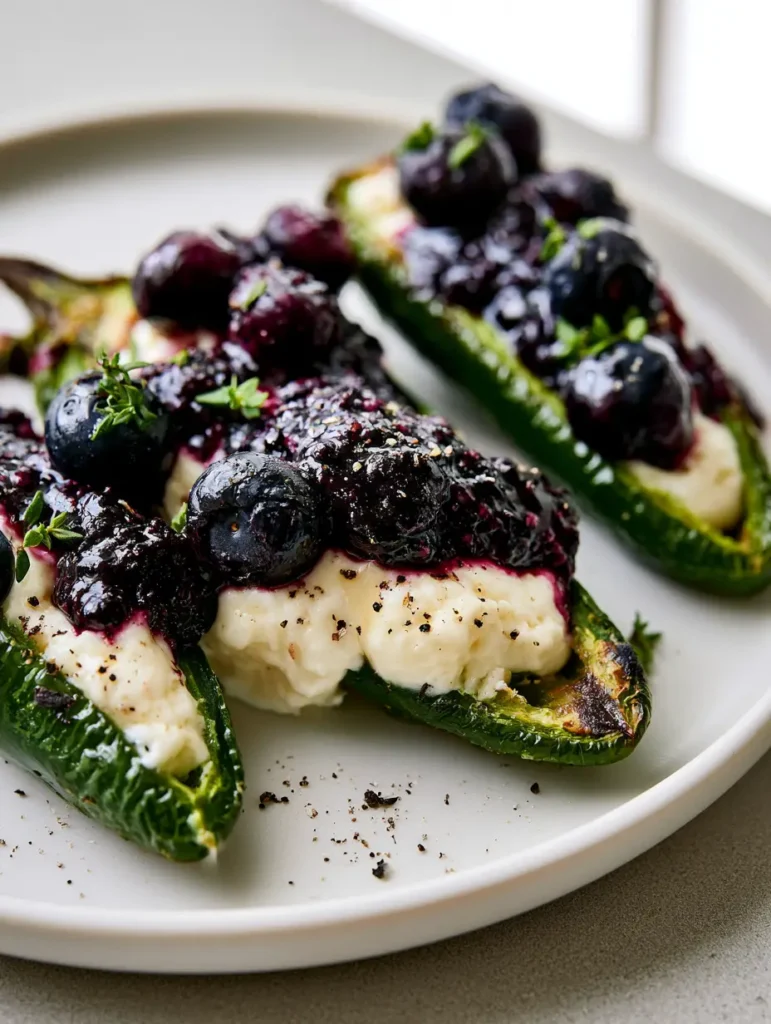 Jalapeño Poppers mit Brie: Der ultimative süß-scharfe Party-Snack 2 Draufsicht auf geröstete grüne Jalapeño-Hälften mit geschmolzenem weißen Brie-Käse und dunklem Heidelbeerkompott.