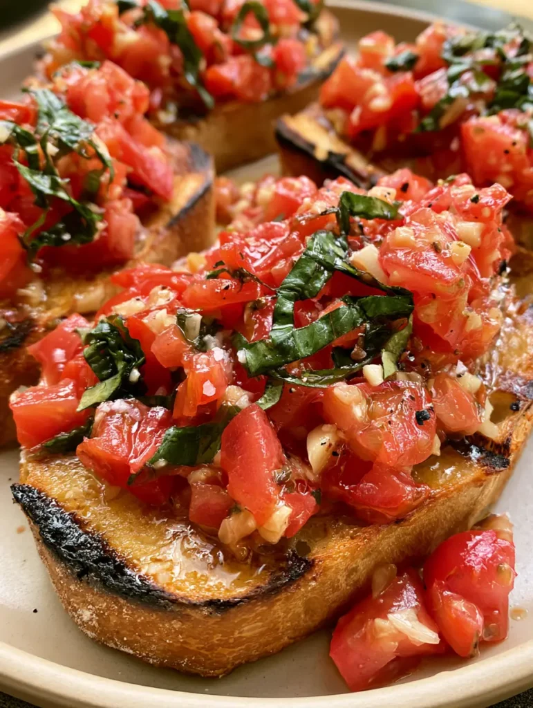 Diagonal geschnittene Baguettescheiben mit Röstspuren und glänzendem Tomaten-Topping für ein Bruschetta Rezept.