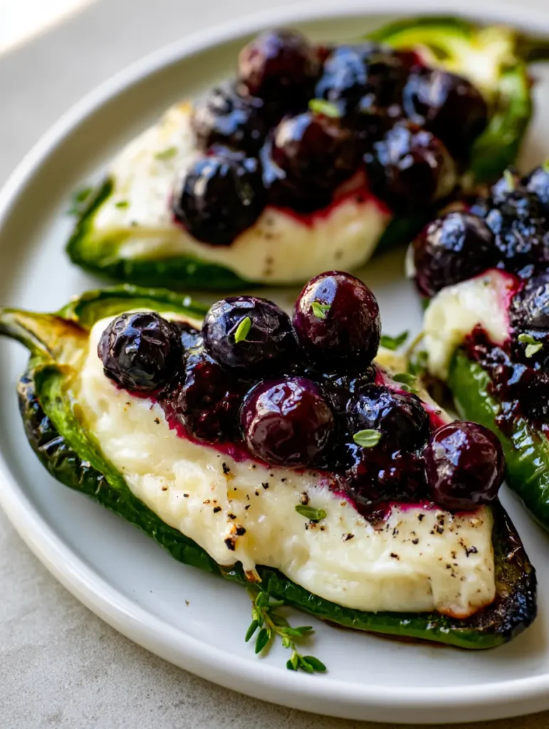Jalapeño Poppers mit Brie: Der ultimative süß-scharfe Party-Snack 1 Detailansicht der glänzenden Blaubeeren auf dem geschmolzenen Brie-Käse garniert mit Thymianblättern.