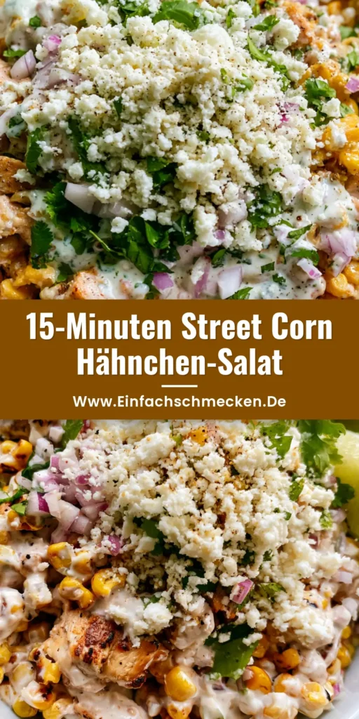 Mexikanischer Hähnchensalat: Cremig, würzig & absolut unwiderstehlich 4 Nahaufnahme von oben: Mexikanischer Hähnchensalat in einer weißen Schüssel mit gebratenem Hähnchen, geröstetem Mais, Cotija-Käse und Limetten.