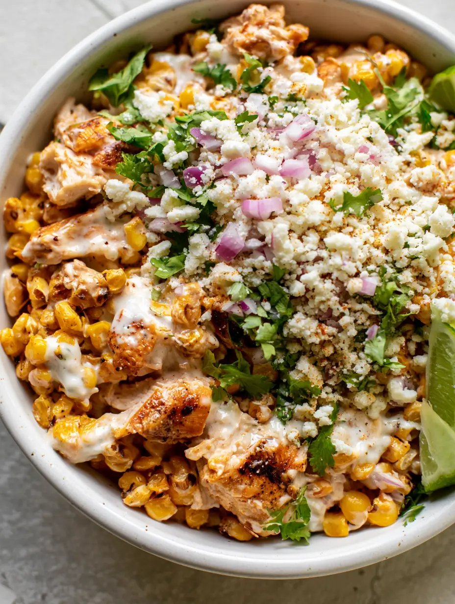 Mexikanischer Hähnchensalat: Cremig, würzig & absolut unwiderstehlich 3 Draufsicht auf einen cremigen mexikanischen Hähnchensalat mit Limetten und frischem Koriander.