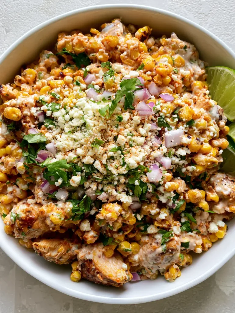 Mexikanischer Hähnchensalat: Cremig, würzig & absolut unwiderstehlich 1 Nahaufnahme der Texturen des mexikanischen Hähnchensalats mit zerbröckeltem Käse und geröstetem Mais.