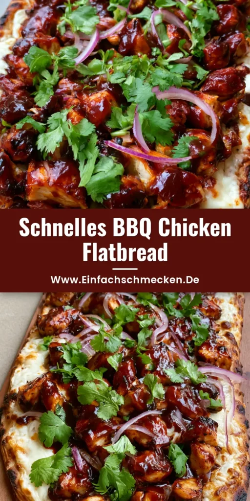 Ein knuspriges BBQ Chicken Flatbread auf einem Holzbrett mit geschmolzenem Käse, glänzendem Hähnchen und frischem Koriander.