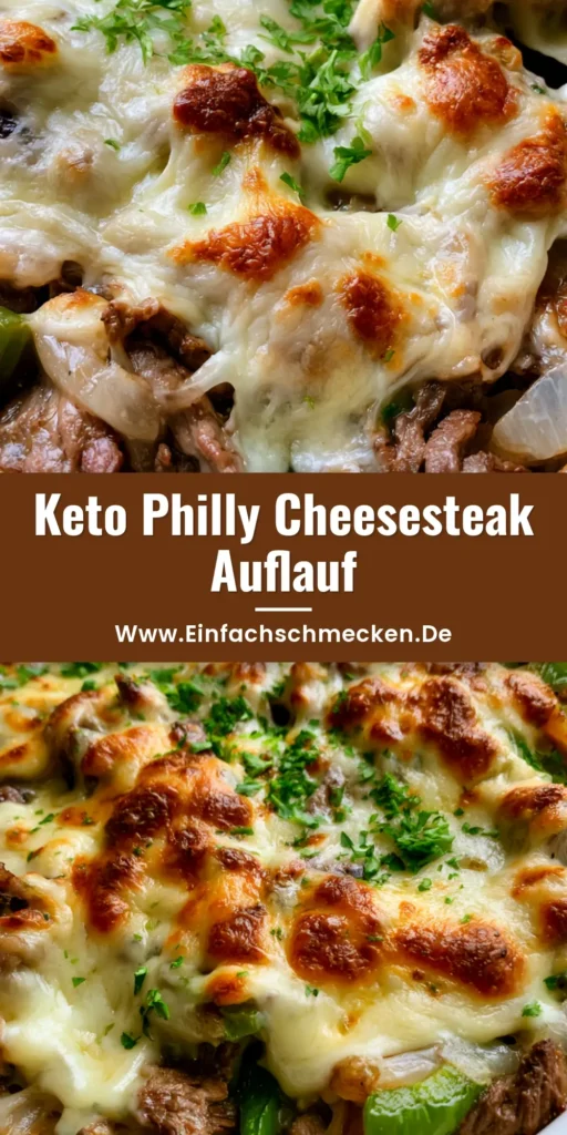 Keto Philly Cheesesteak Auflauf: Das ultimative Low-Carb Abendessen 3 Draufsicht auf einen Keto Philly Cheesesteak Auflauf in einer weißen Form mit geschmolzenem Käse und Petersilie.