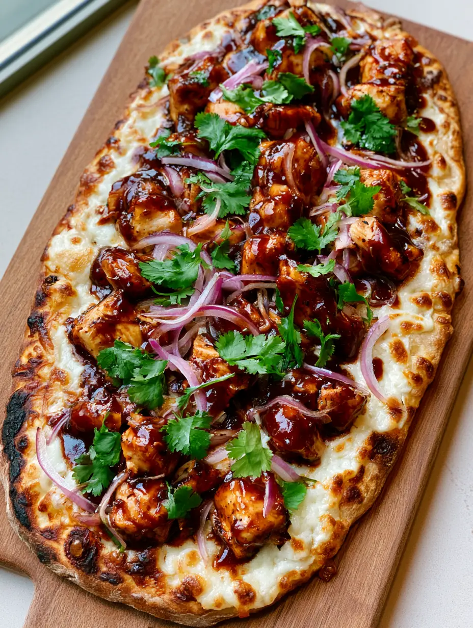 Draufsicht auf ein ovales BBQ Chicken Flatbread mit dunkler BBQ-Glasur und roten Zwiebelringen auf einem rustikalen Holzbrett.