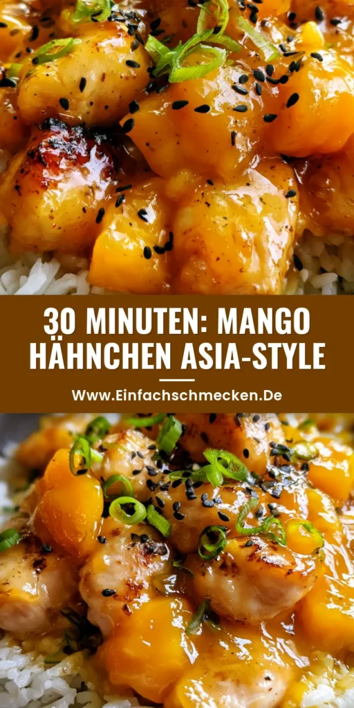 Nahaufnahme einer Schale mit Mango Hähnchen Rezept, glänzender Glasur, schwarzem Sesam und Frühlingszwiebeln auf Reis.