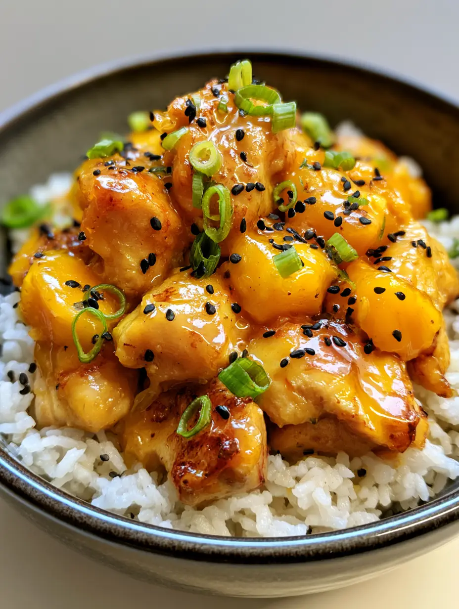 Dunkle Keramikschale mit saftigem Mango Hähnchen Rezept auf weißem Reis, garniert mit Sesam.