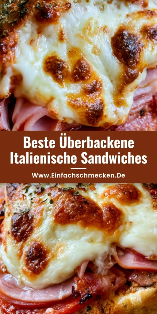 Italienische Grinder Sandwiches: Das ultimative Rezept für knusprige Subs 4 Zwei frisch gebackene Italienische Grinder Sandwiches mit geschmolzenem Käse und Salami auf Holzgrund.