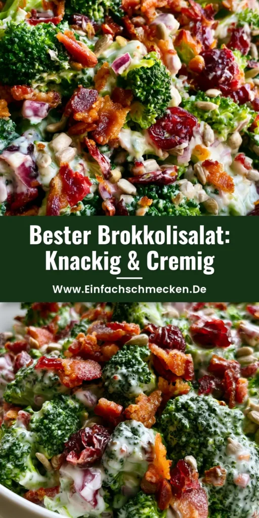 Nahaufnahme von klassischem Brokkolisalat in einer weißen Schüssel mit Speck, Cranberries und cremiger Sauce.