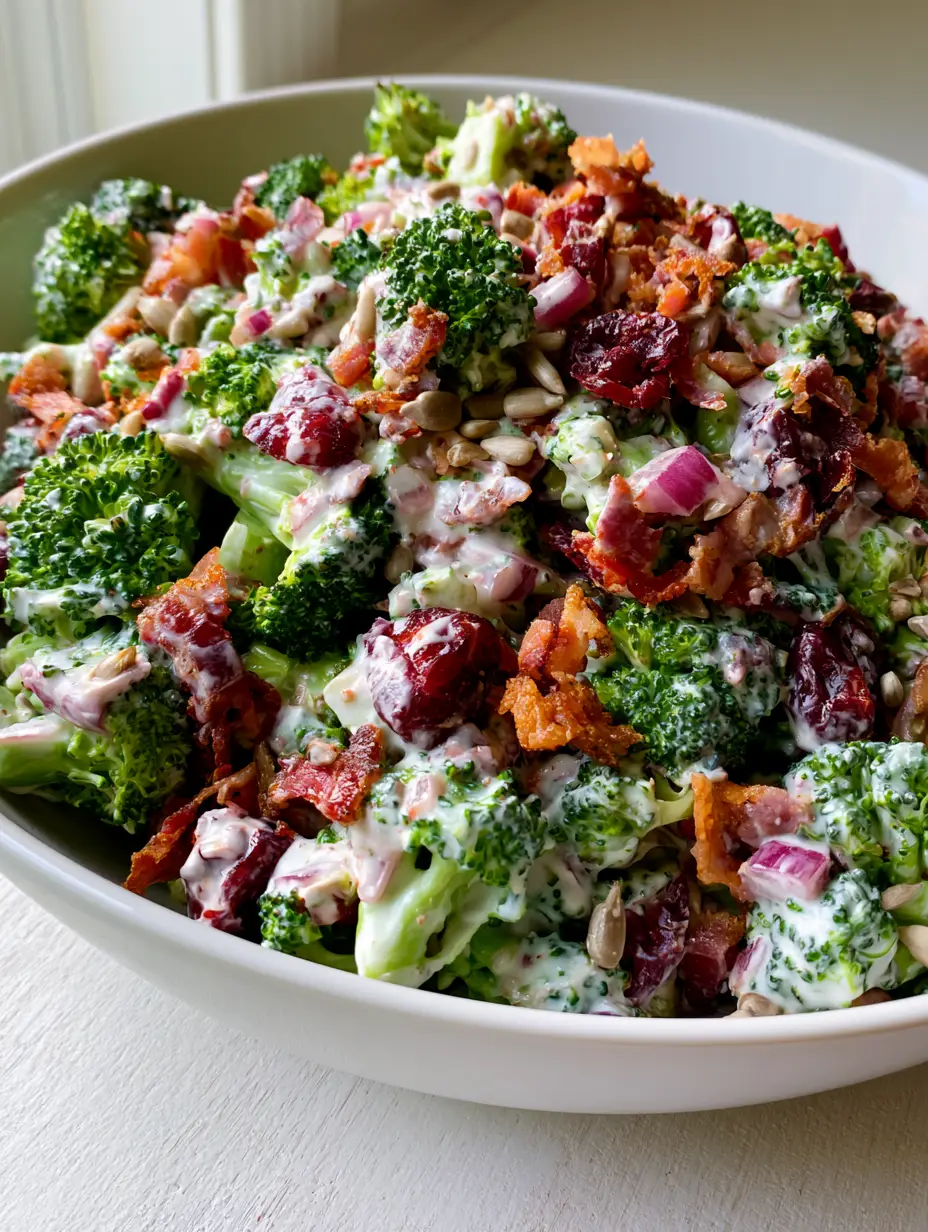 Ein köstlicher Brokkolisalat mit rohen Röschen, Speckstücken und weißem Dressing in einer Keramikschüssel.