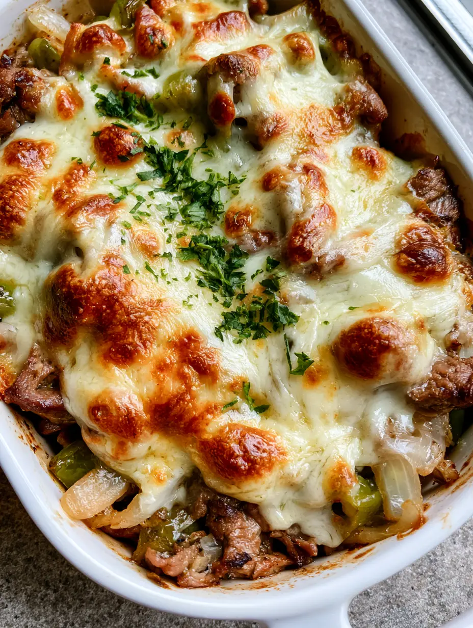 Keto Philly Cheesesteak Auflauf: Das ultimative Low-Carb Abendessen 4 Nahaufnahme von saftigem Rindfleisch, grüner Paprika und geschmolzenem Provolone Käse im Keto Philly Cheesesteak Auflauf.