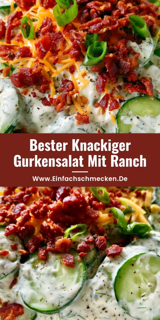 Gurkensalat mit Ranch: Das cremigste Rezept mit Bacon und Cheddar 4 Cremiger Gurkensalat mit Ranch-Dressing, getrocknetem Dill, krossem Bacon und orangem Cheddar in einer weißen Schüssel.