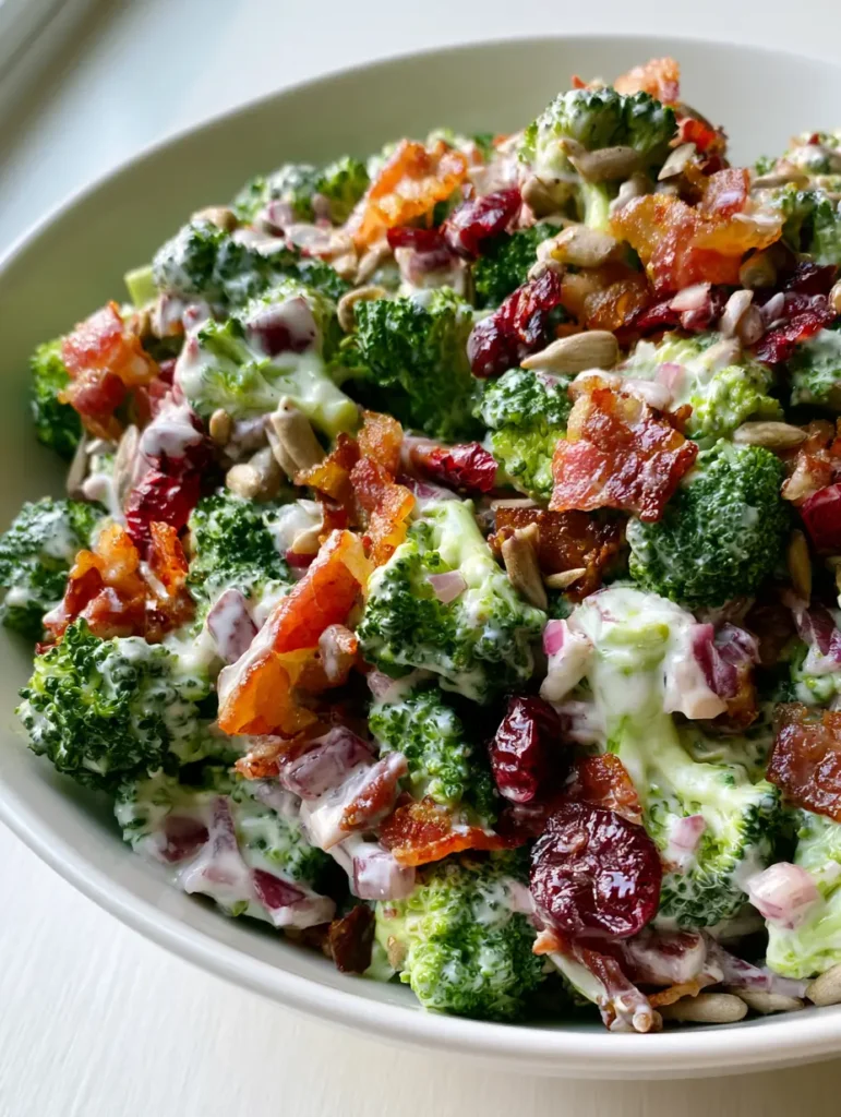 Detailansicht der Zutaten des Brokkolisalats: Cranberries, Sonnenblumenkerne und cremige Sauce.