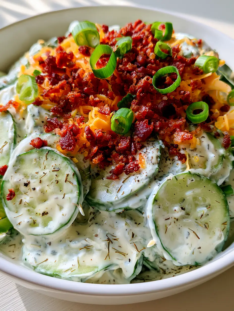 Gurkensalat mit Ranch: Das cremigste Rezept mit Bacon und Cheddar 3 Nahaufnahme eines Gurkensalats mit Ranch-Dressing, Bacon-Stückchen und geriebenem Cheddar auf einem Holztisch.