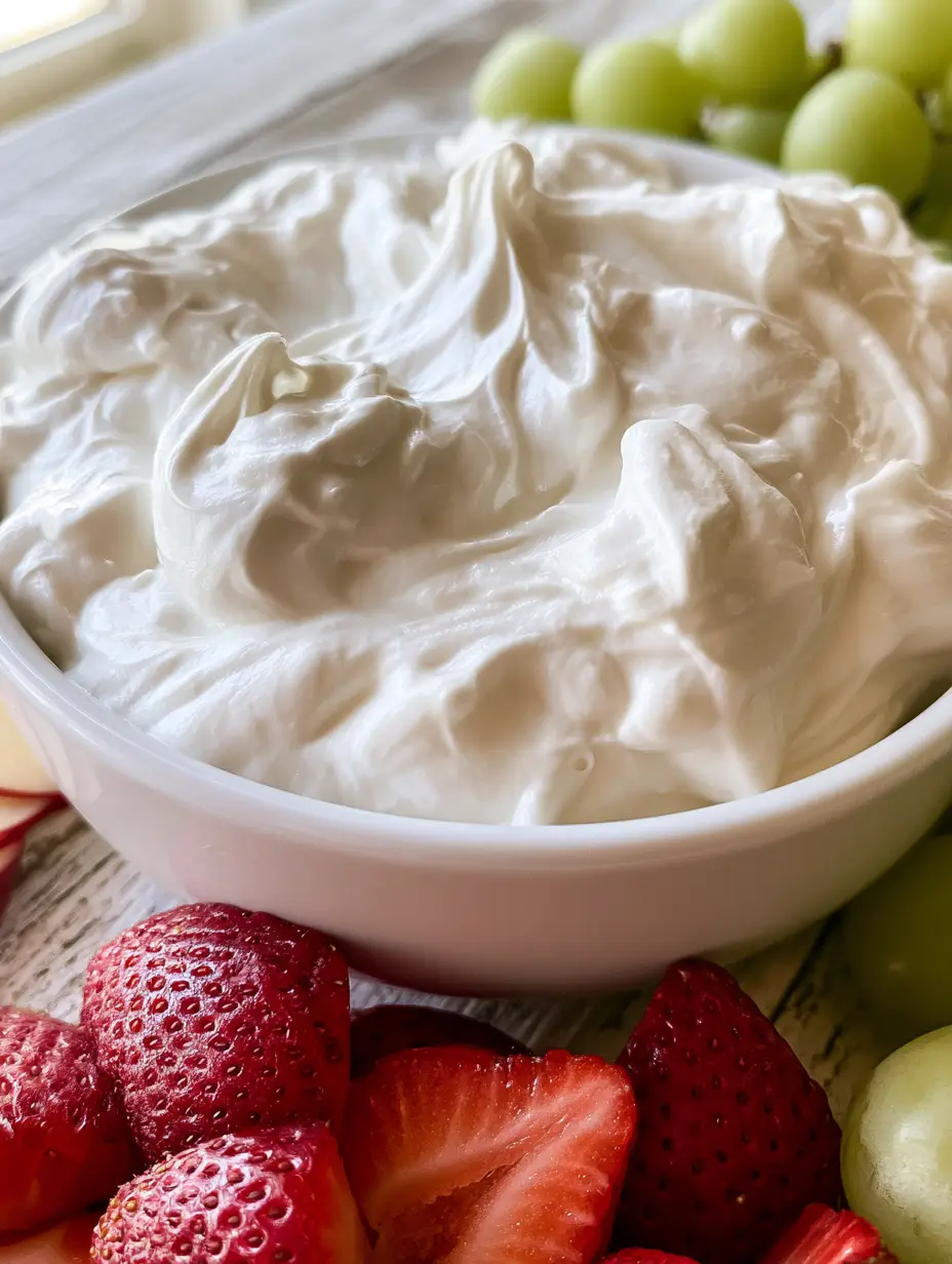 Frischkäse-Frucht-Dip: Der fluffigste 3-Minuten-Nachtisch für jede Party 4 Nahaufnahme von Frischkäse-Frucht-Dip mit fluffiger Textur und glänzendem Finish in einer weißen Schale.