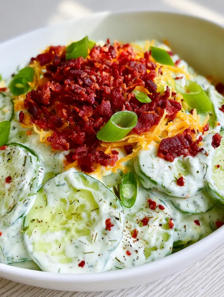 Gurkensalat mit Ranch: Das cremigste Rezept mit Bacon und Cheddar 1 Servierfertiger Gurkensalat mit Ranch, garniert mit viel Bacon, Cheddar und frischen Frühlingszwiebeln.