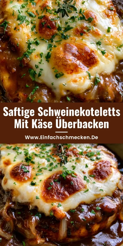 Schweinekoteletts Rezept: Saftig überbacken mit Zwiebel-Jus & Mozzarella 4 Ein Pfannengericht mit saftigen Schweinekoteletts, bedeckt mit karamellisierten Zwiebeln und geschmolzenem Mozzarella mit goldbraunen Stellen. (Schweinekoteletts Rezept)
