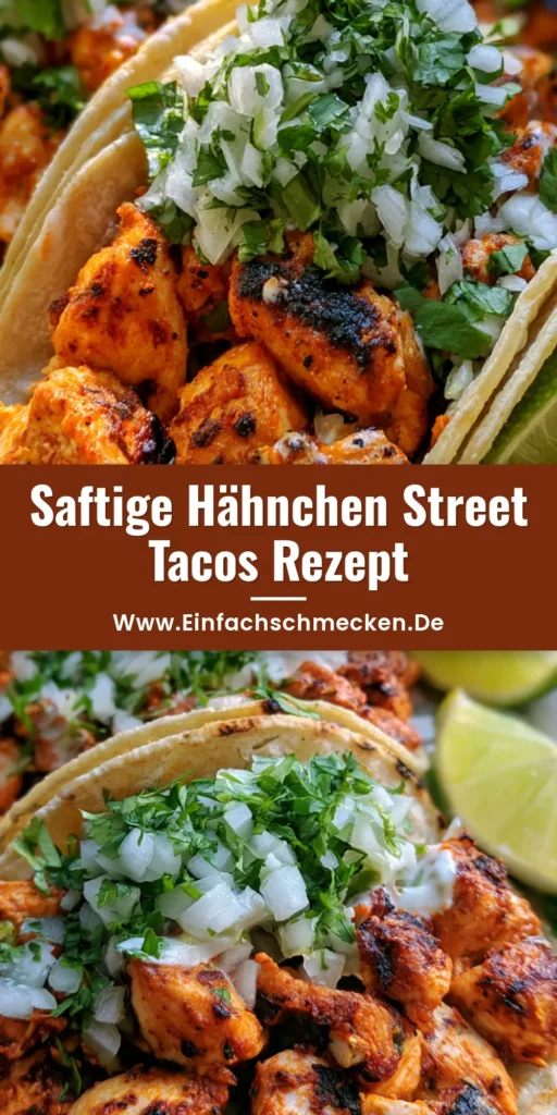 Hähnchen Street Tacos: Das ultimative Rezept für echtes Mexico-Feeling 4 Drei Hähnchen Street Tacos auf kleinen Maistortillas mit Koriander, Zwiebeln und Limetten auf einem rustikalen Teller.