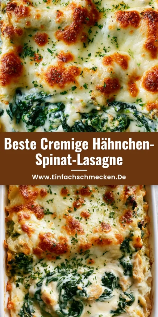 Draufsicht auf eine frisch gebackene Hähnchen-Lasagne mit Spinat in einer weißen Form, getoasteter Käsekruste und Petersilie.