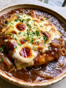 Nahaufnahme eines perfekt angebratenen Schweinekoteletts in einer rustikalen Schale mit dunkler Zwiebelsoße und geschmolzenem Käse. (Schweinekoteletts Rezept)