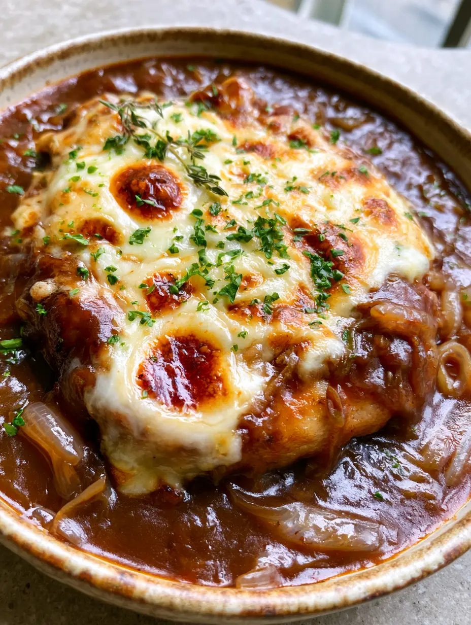 Schweinekoteletts Rezept: Saftig überbacken mit Zwiebel-Jus & Mozzarella 3 Nahaufnahme eines perfekt angebratenen Schweinekoteletts in einer rustikalen Schale mit dunkler Zwiebelsoße und geschmolzenem Käse. (Schweinekoteletts Rezept)